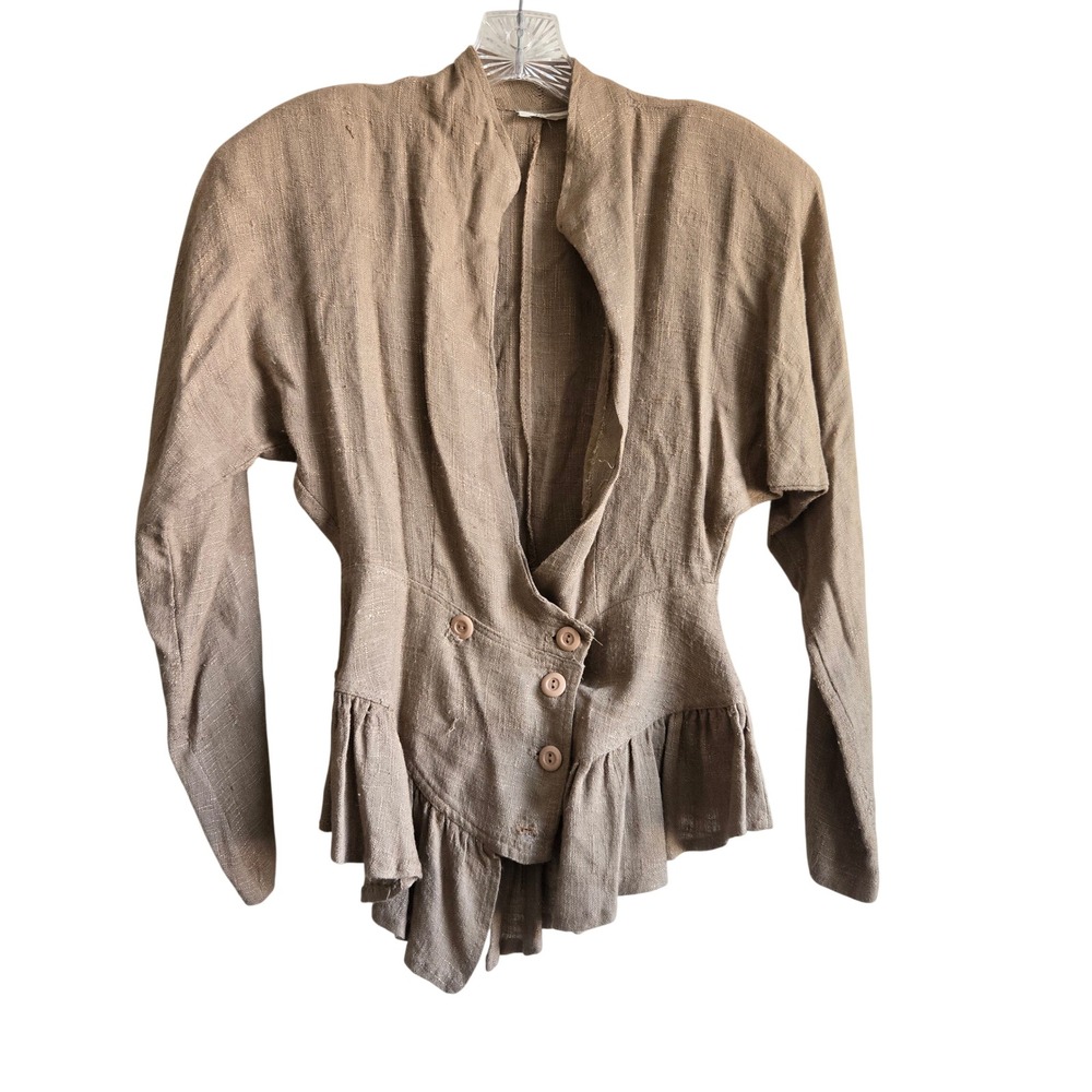 Vintage Unbranded Small Peplum Jacket Women Tan Good Linen Ruffle Double Breast